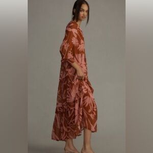 Anthropologie Marais printed red and pink floral chiffon maxi dress, Med, NWOT